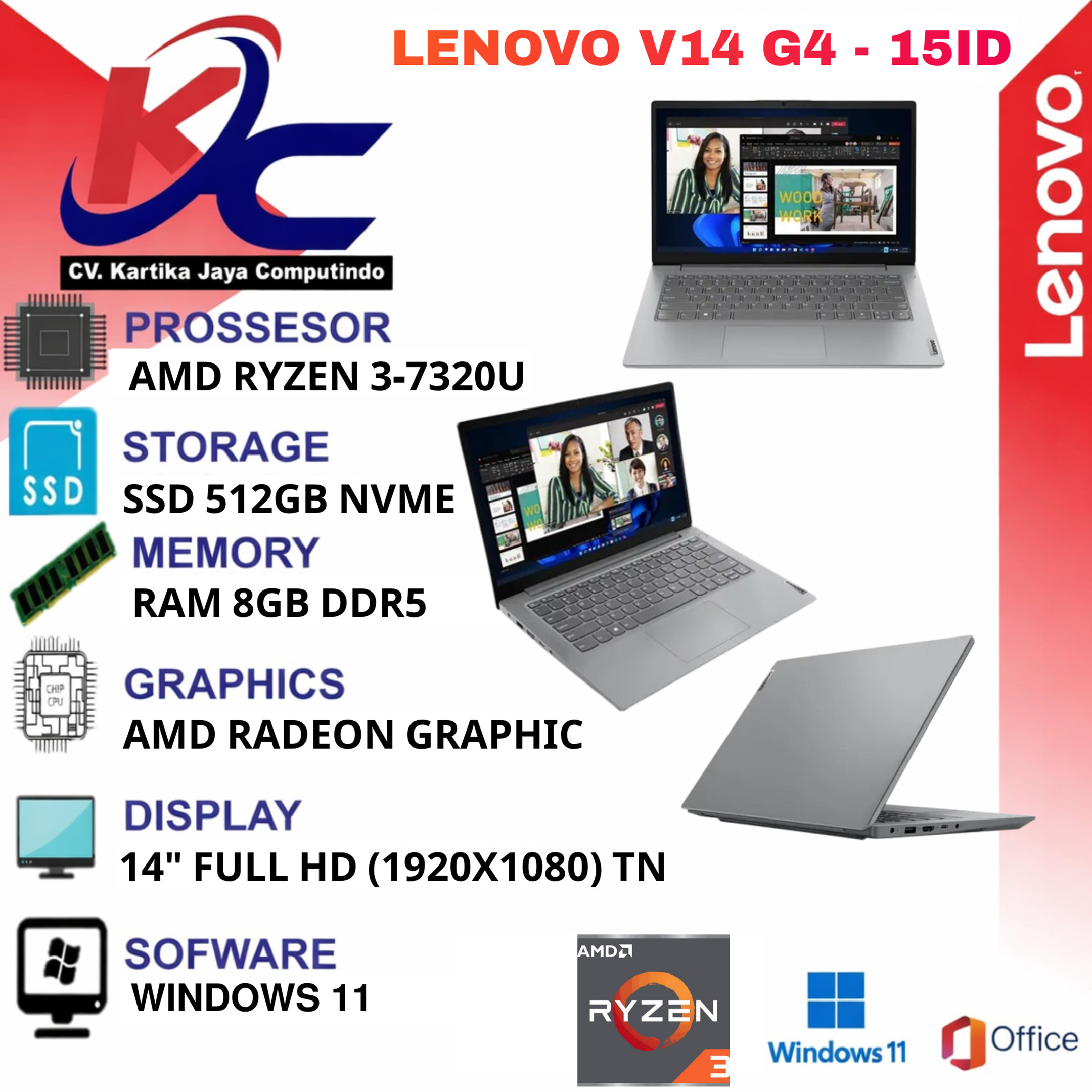 LENOVO  V14 G4 - 15ID  R3-7320/ 8GB/ SSD 512GB/ W11+OHS GREY